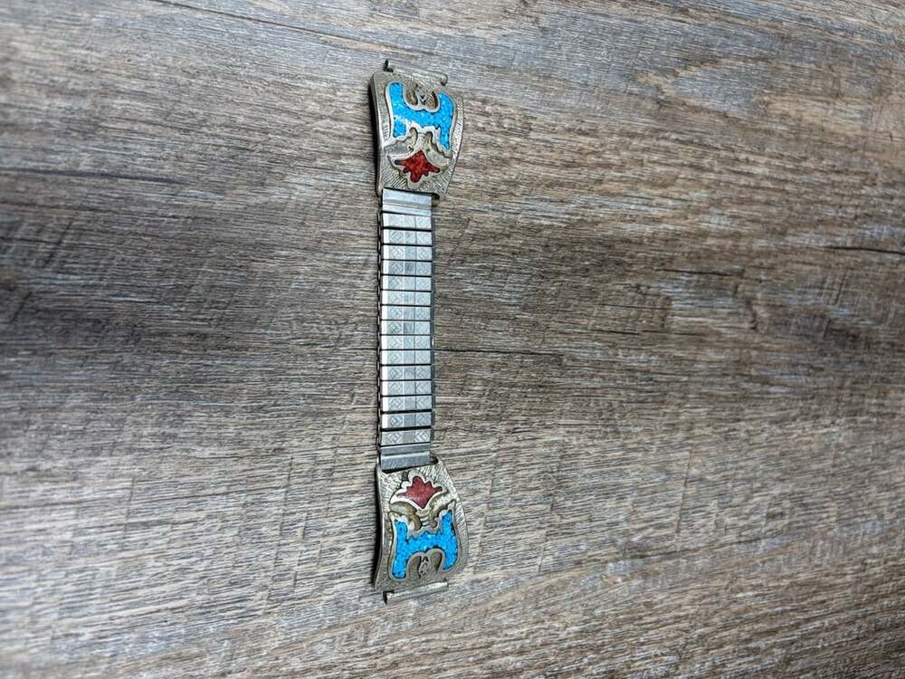 Vintage Navajo style Watch Band Thunderbird with Turquoise and Coral Womans Band